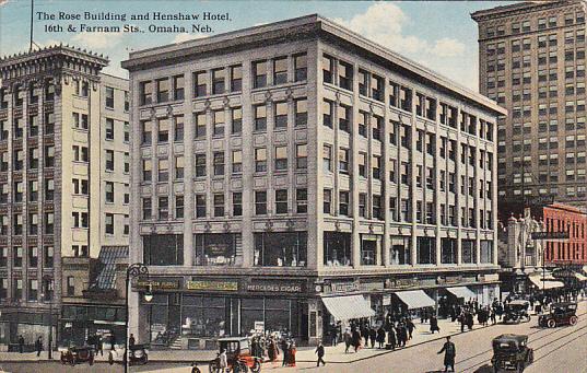 Nebraska Omaha Rose Building and Henshaw Hotel With Cigar Shopp 16th and Farn...