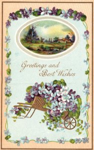 Vintage Postcard 1910s Greetings & Best Wishes Purple Flowers Cart Countryside
