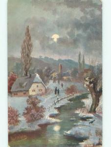 Unused Pre-1907 signed BEAUTIFUL HOUSE ALONG THE RIVER SCENE IN MOONLIGHT k6105