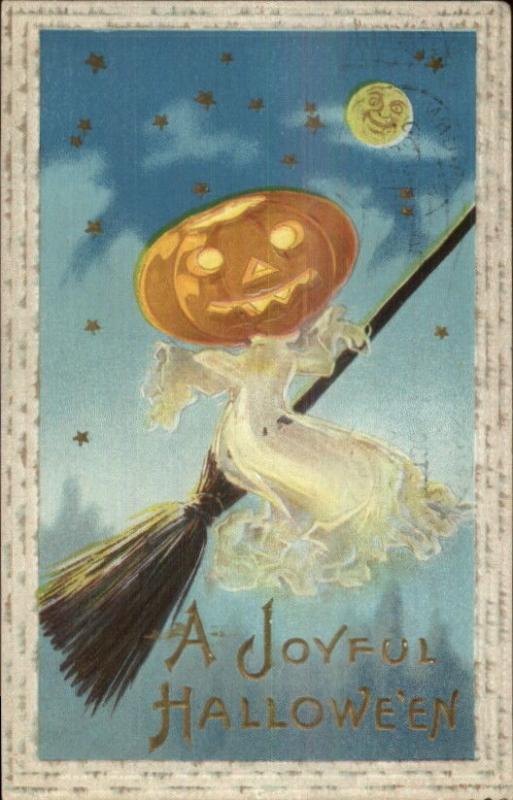 Halloween JOL Witch Ghost Flying Broom c1910 Postcard 34A