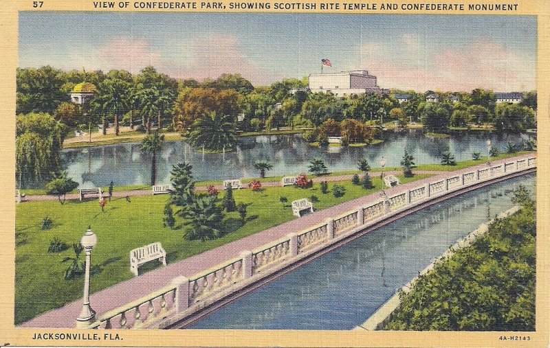 Jacksonville FL, Confederate Park & Monument, 1930's Teich Linen, Masonic