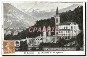 Old Postcard Lourdes Basilica and the Pyrenees