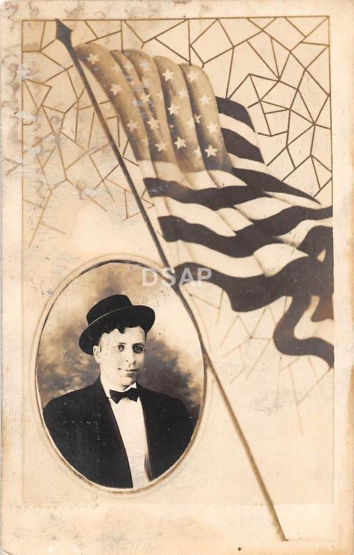 Illinois Il Real Photo RPPC Postcard 1917 CANTON Man FLAG Patriotic Greek?