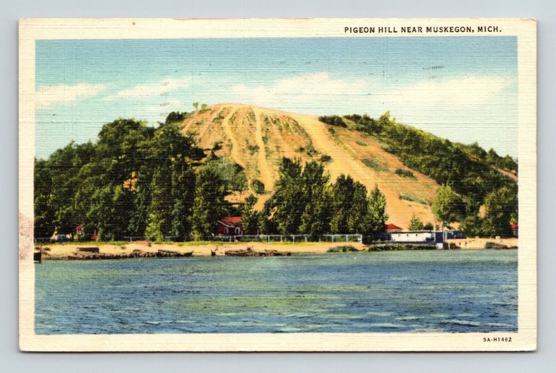 Pigeon Hall Muskegon Michigan Waterfront Shore Linen Cancel 1940 PM Postcard 