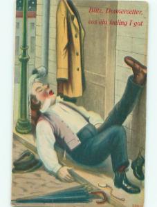 Pre-Linen Comic DRUNK MAN SLEEPING UNDER DRAIN PIPE AB8686