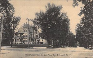 c.'08, Main St Looking West from 18th, Msg, Quincy,IL,Old Post Card