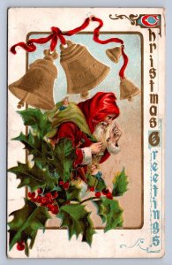 K9/ Santa Claus Christmas Postcard c1910 Gold Bells Holly 2