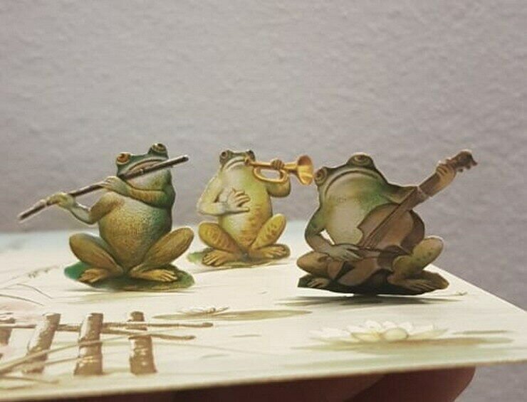 Musical frogs band mechanical fantasy early chromo greetings card 