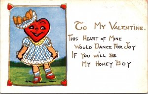 Valentine's Day Postcard Fantasy Heart Shaped Headed Girl Dancing For Joy