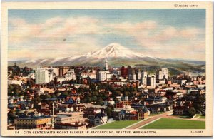 Postcard WA Seattle City Center with Mount Rainier in Background