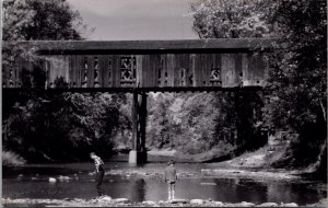 Real Photo Postcard Children Playing in Water Under a Covered Bridge