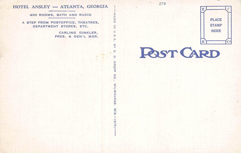 Hotel Ansley, Atlanta, Georgia, Early Linen Postcard, Unused