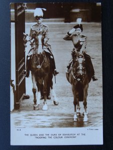 British Royalty H.R.H. THE QUEEN & DUKE TROOPING THE COLOURS c1950s RP Postcard