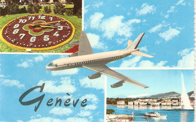 Airplane over Geneve, Switerlnd Nice Swiss postcard 1960s