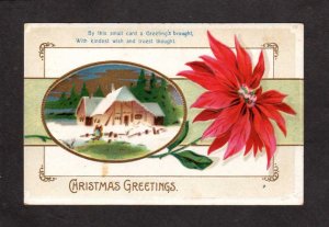 Christmas Greetings Red Flowers Winter Scene Postcard Embossed US