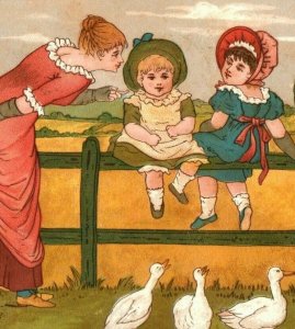 1870s-80s Raphael Tuck Christmas Card Poem Children Cute Ducks #5E