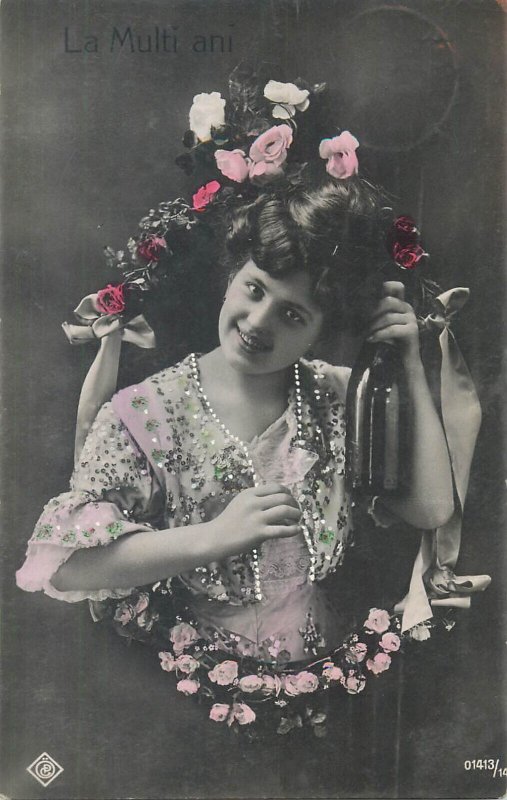 Lovely lady cheers champagne New Year luck 1910 tinted colors postcard Romania