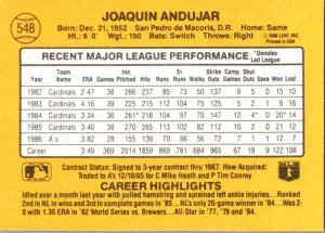 1987 DONRUSS Baseball Card Joaquin Andejar P Oakland Athletics sun0560