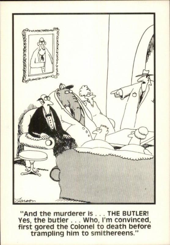 Vintage Gary Larson FAR SIDE 1980s Fantasy Postcard gfz MURDER MYSTERY