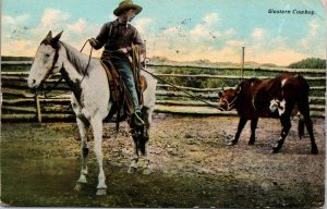 Western Cowboys Leading Cow Horseback Postcard PM 1912 Anaconda MT to Grayling