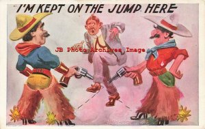 Western Comic, I'm Kept on the Jump Here, Cowboys Shooting Six Shooter at Feet