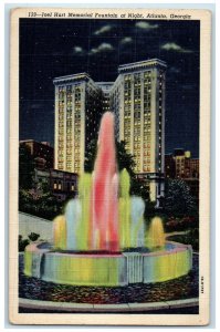 1943 Joel Hurt Memorial Fountain At Night Atlanta Georgia GA Posted Postcard