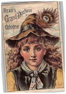 1880s Trade Card Victorian Read's Duchess Grand Cologne Girl Bird Feather Hat 