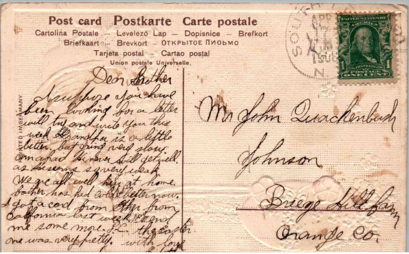 A Merry Easter - Baby Chicks Pulling an Easter Egg - Embossed - in 1908