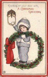 Christmas Stecher Ser 524F Little Boy with Wreath Vintage Postcard