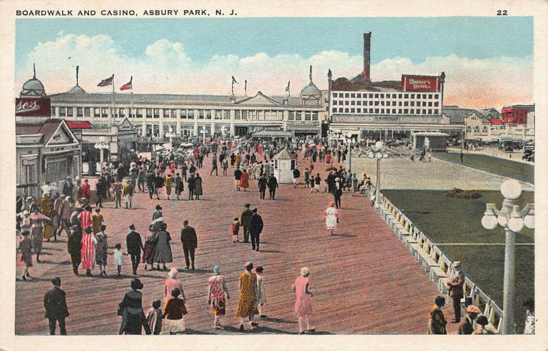 Boardwalk and Casino, Asbury Park,  New Jersey, Early Postcard, Unused