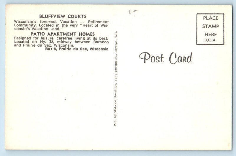 Prairie Du Sac Wisconsin Postcard Bluffview Courts Patio Apartments Homes 1960