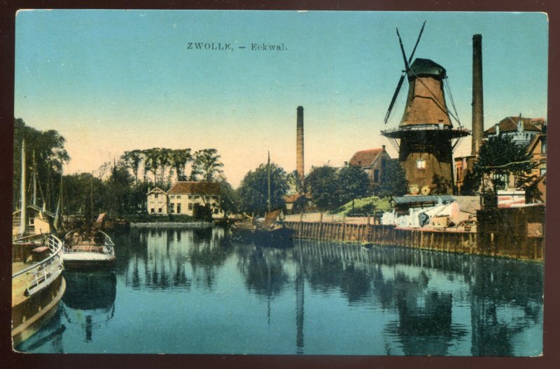 h2464 - NETHERLANDS Zwolle Postcard 1910s Eekwal. Windmill. Boats