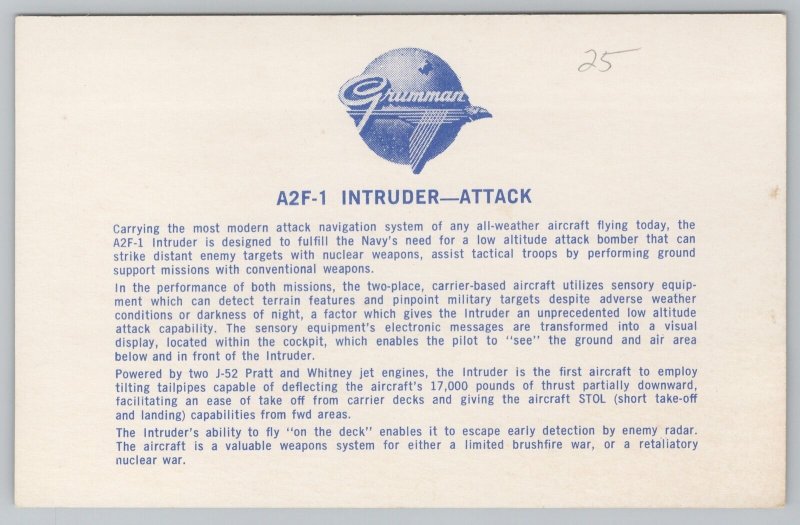 Aircraft~A2F-1 Intruder Scene & Info On Back~Vintage Postcard