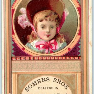 1881 Willimantic, CT Somer Bros Cute Bonnet Girl Geo Hayes Trade Card Store C28