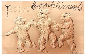 1900s Teddy's Three Dancing Bears Embossed Mica Glitter Bear with Pipe Postcard