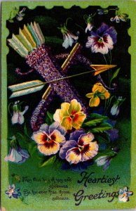 Heartiest Greetings Postcard Pansy Flowers Bow and Arrow