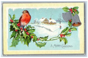 Christmas Postcard Song Bird Holly Berries House Winter Scene Embossed c1910's