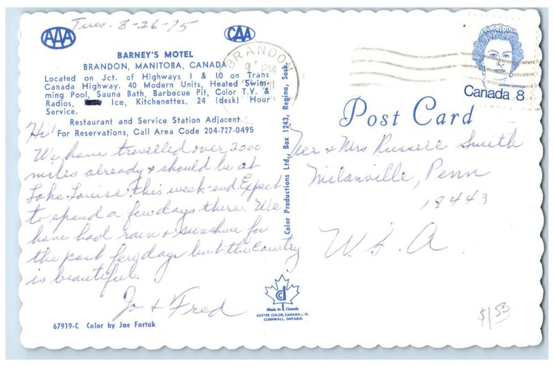 1975 Barney's Motel Brandon Manitoba Canada Vintage Posted Postcard