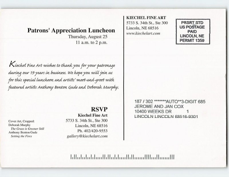 Postcard Invitation to Patrons' Appreciation Luncheon Kiechel Fine Art Nebraska