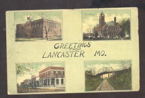 LANCASTER MISSOURI MO. DOWNTOWN SCHOOL RAILROAD MULTI VIEW VINTAGE POSTCARD