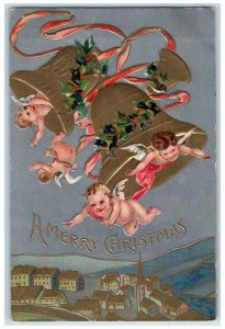 c1910's Christmas Angel Cherubs Playing Giant Bell Holly Embossed Postcard