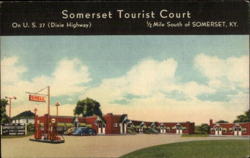 Somerset KY Tourist Court Shell Gas Station Linen Postcard