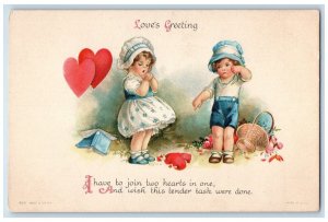 Valentine Love Greetings Children Broken Heart Flowers Basket Wolf Postcard