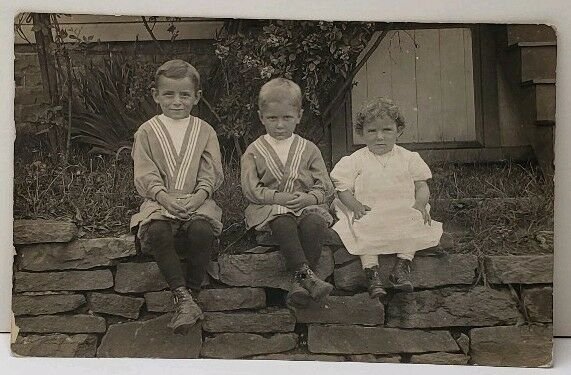 RPPC Three Victorian Children Sitting on A Stone Wall Pennsylvania Postcard E20