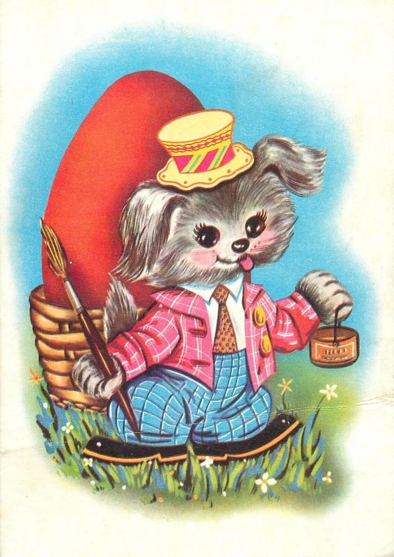 Postcard Holidays Easter egg painting humanized dog hat