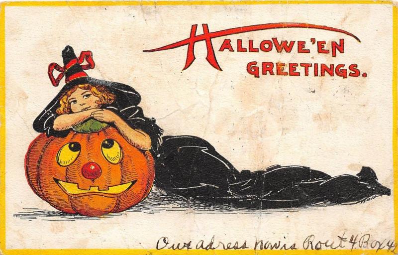 E14/ Halloween Postcard c1910 Gibson Art Cincinnati Girl Witch Jack-O-Lantern 4