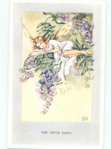 Pre-Linen signed RENE CLOKE - FAIRY ANGEL IN VETCH FLOWERS AC1454