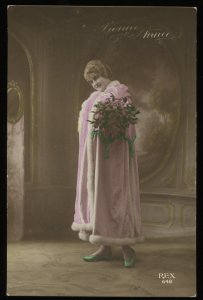 Bonne Annee. Rex 648. Vintage French RPPC. Woman in pink coat with flowers