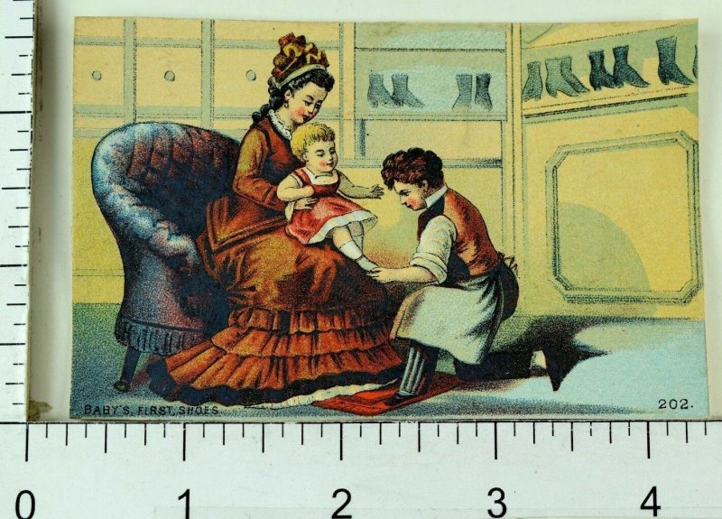 1870's-80's Lovely Inside Shoe Store Scene Babies First Shoes Victorian Card F79