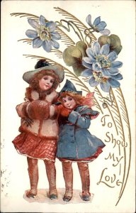 Valentines Little Girls Winter Coats Gilt Embossed c1900-20s Vintage Postcard